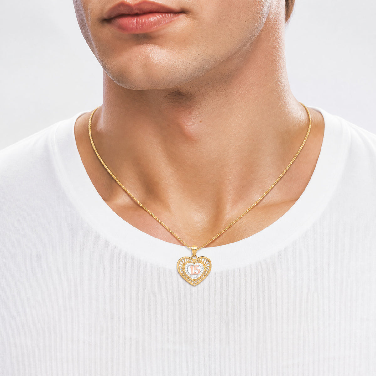 10K Two-tone w/White Rhodium 15 Heart Pendant - Model Shot