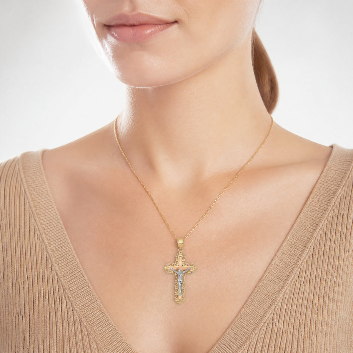 10K Tri-color Diamond-cut Crucifix Pendant - Model Shot