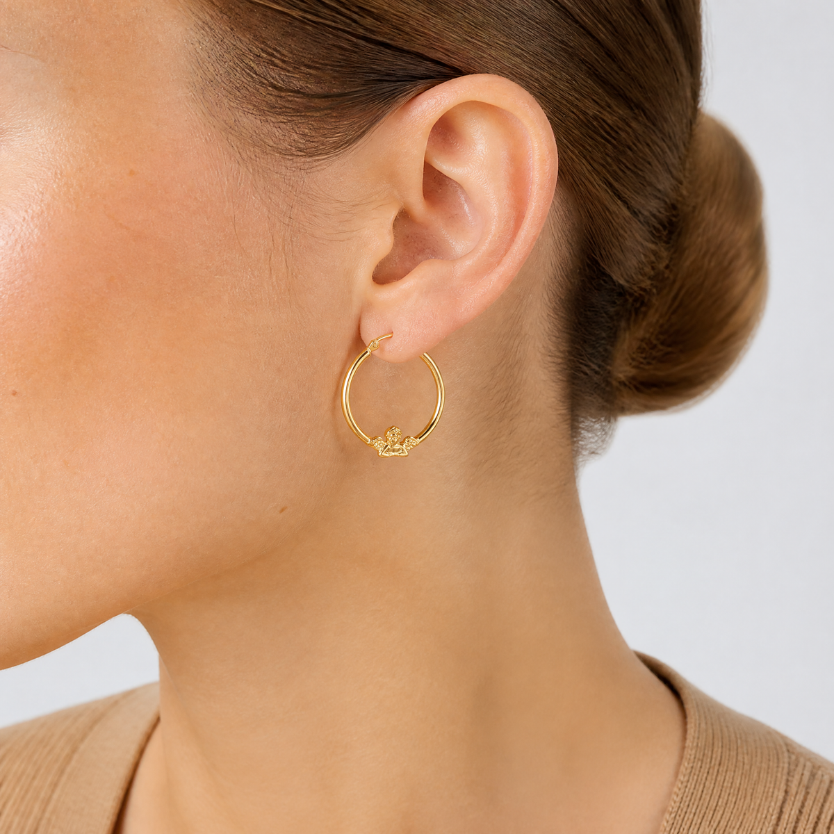 10k Angel Hoop Earrings - Model Shot