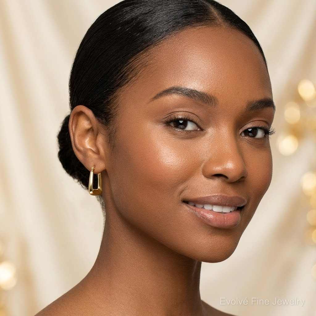 10K Hollow Squared Hollow Hoop Earrings - Model Shot