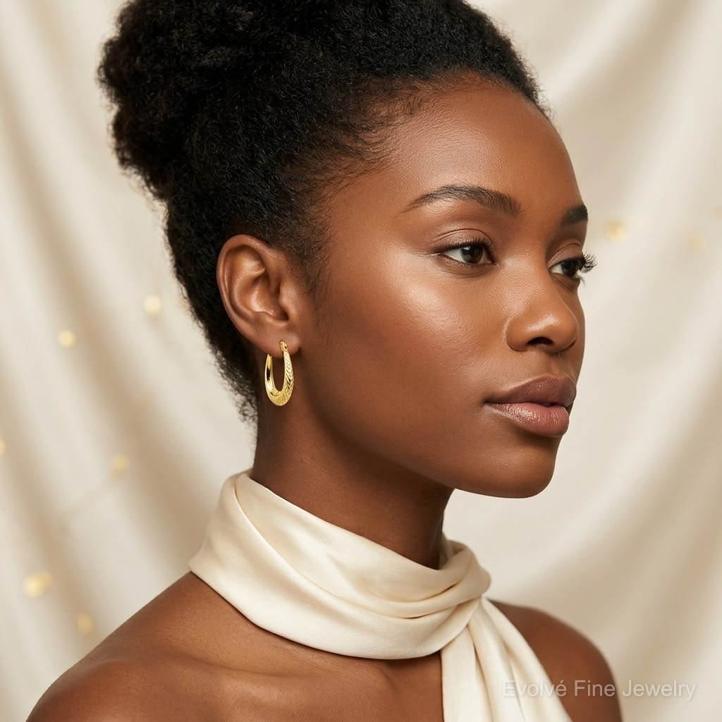 10K Textured Hollow Hoop Earrings - Model Shot