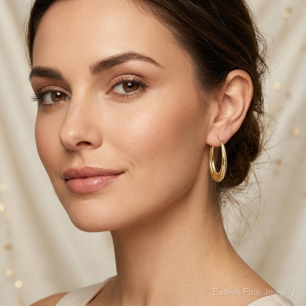 10K Textured Oval Hollow Hoop Earrings - Model Shot