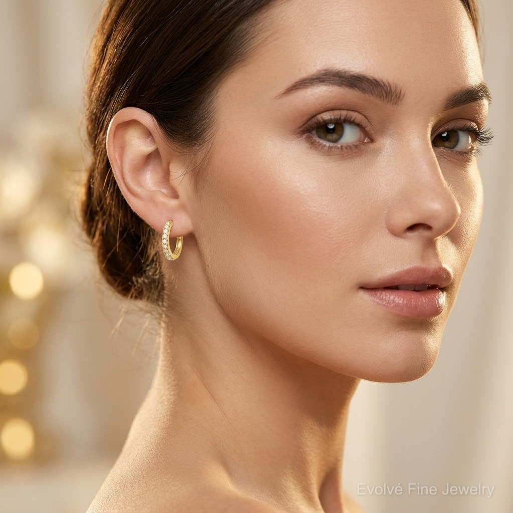 10K Polished 1.5mm CZ Hinged Hoop Earrings - Model Shot