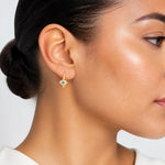 10K Polished Clear & Blue CZ Evil Eye Hinged Hoop Earrings - Model Shot