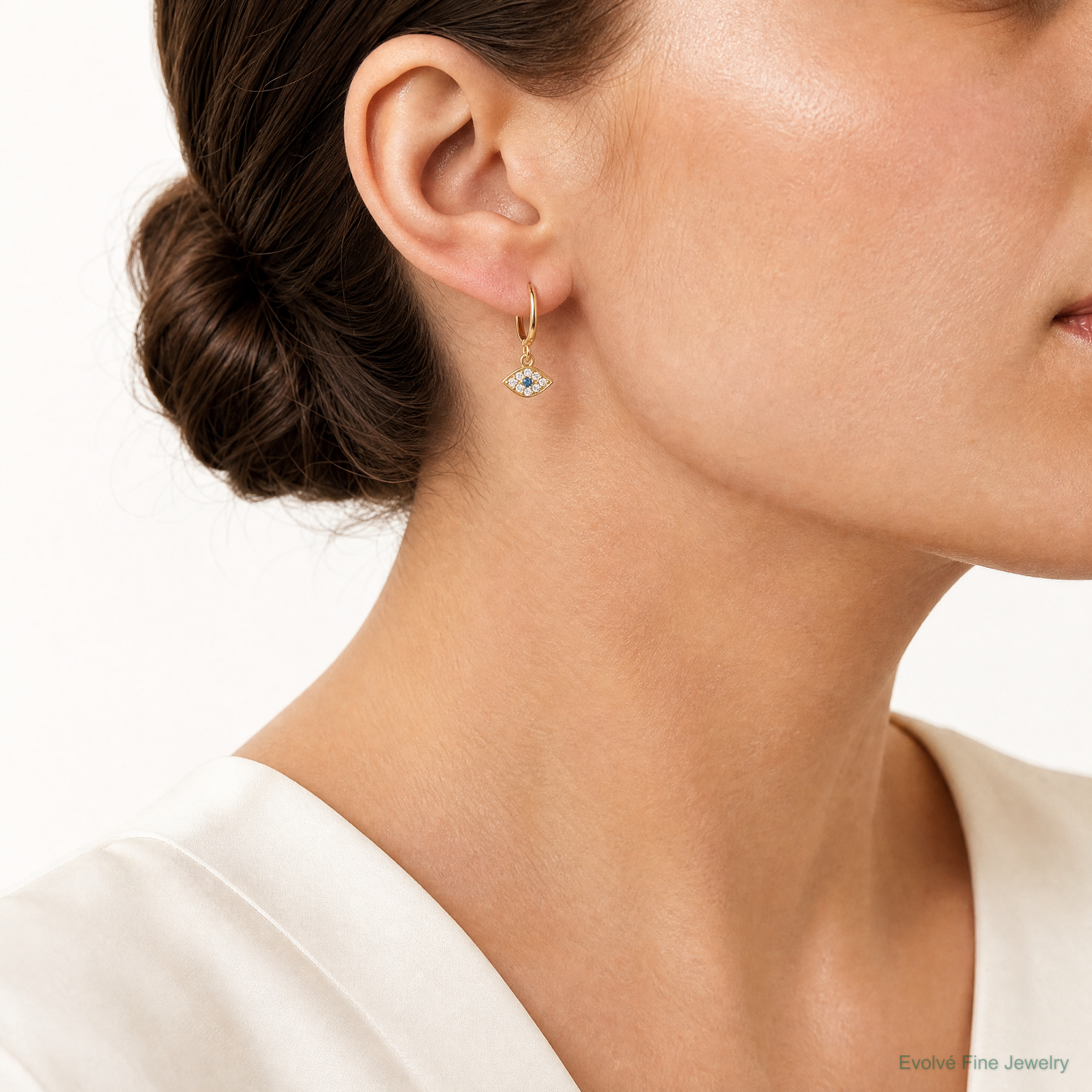 10K Polished Clear & Blue CZ Dangle Evil Eye Hinged Hoop Earrings - Model Shot