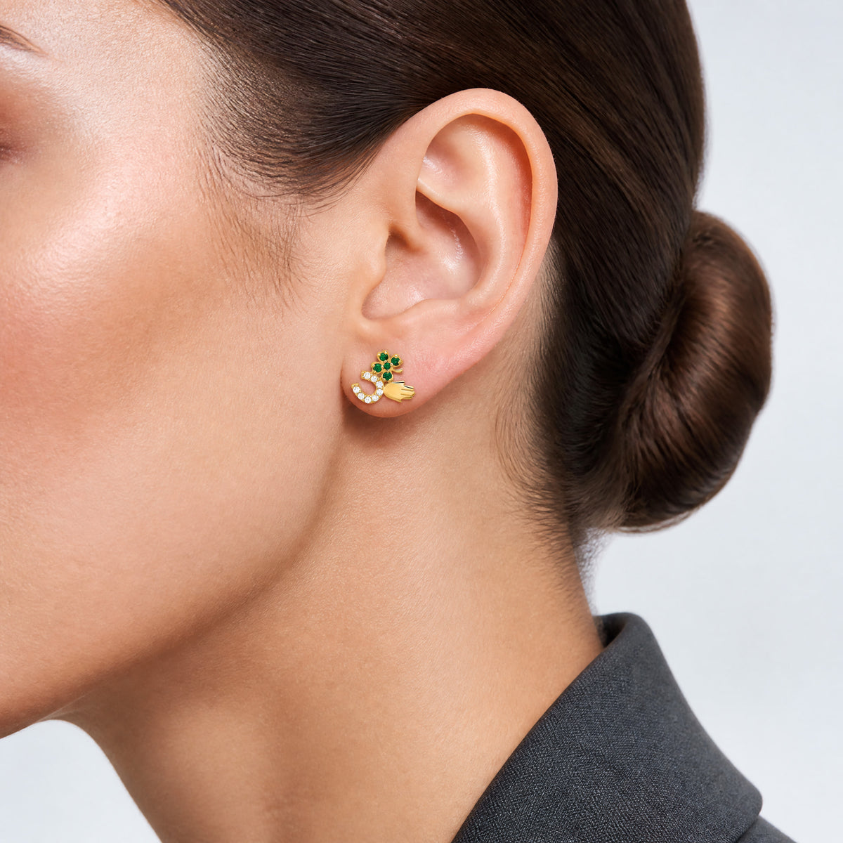 10K Polished Green & Clear CZ Good Luck Post Earrings - Model Shot