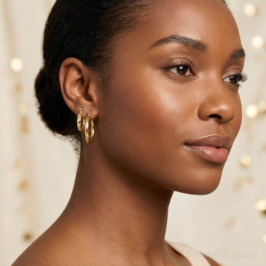 10k D/C and Textured Set of Two Pairs Hoop Earrings - Model Shot