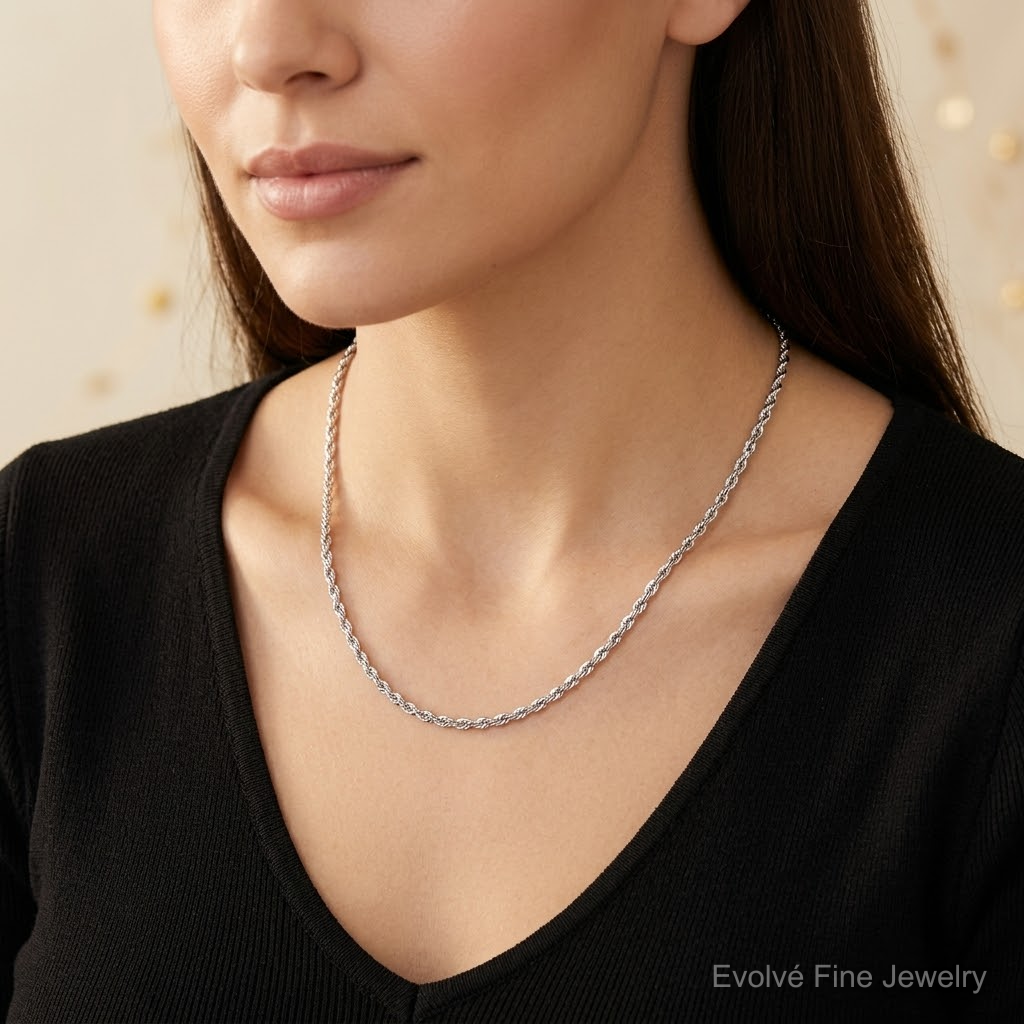 10k White Gold 2mm Diamond-cut Rope Chain - Model Shot