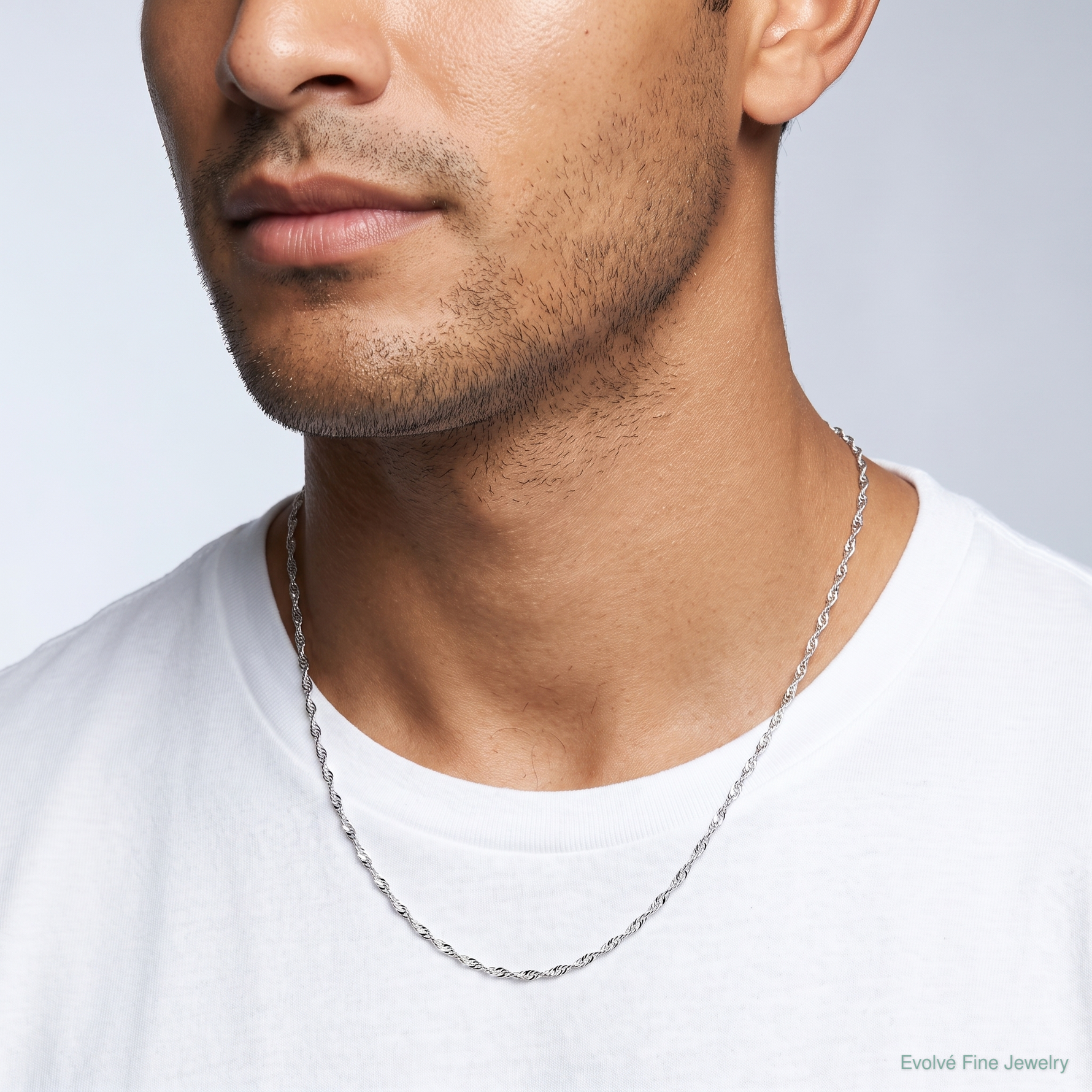 10k White Gold 1mm Carded Singapore Chain - Model Shot