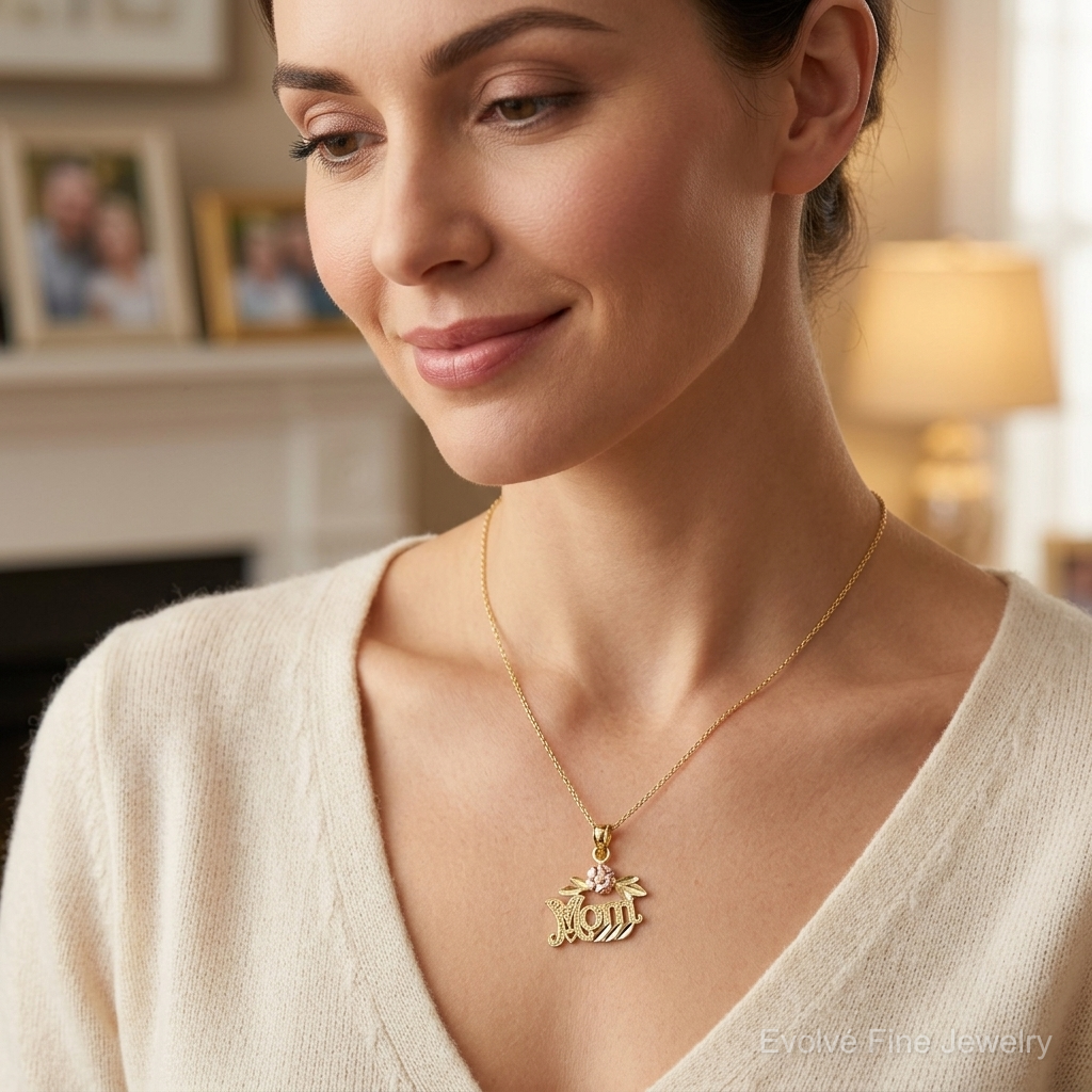 10k Two-Tone Textured Scroll w/ Flower MOM Charm - Model Shot