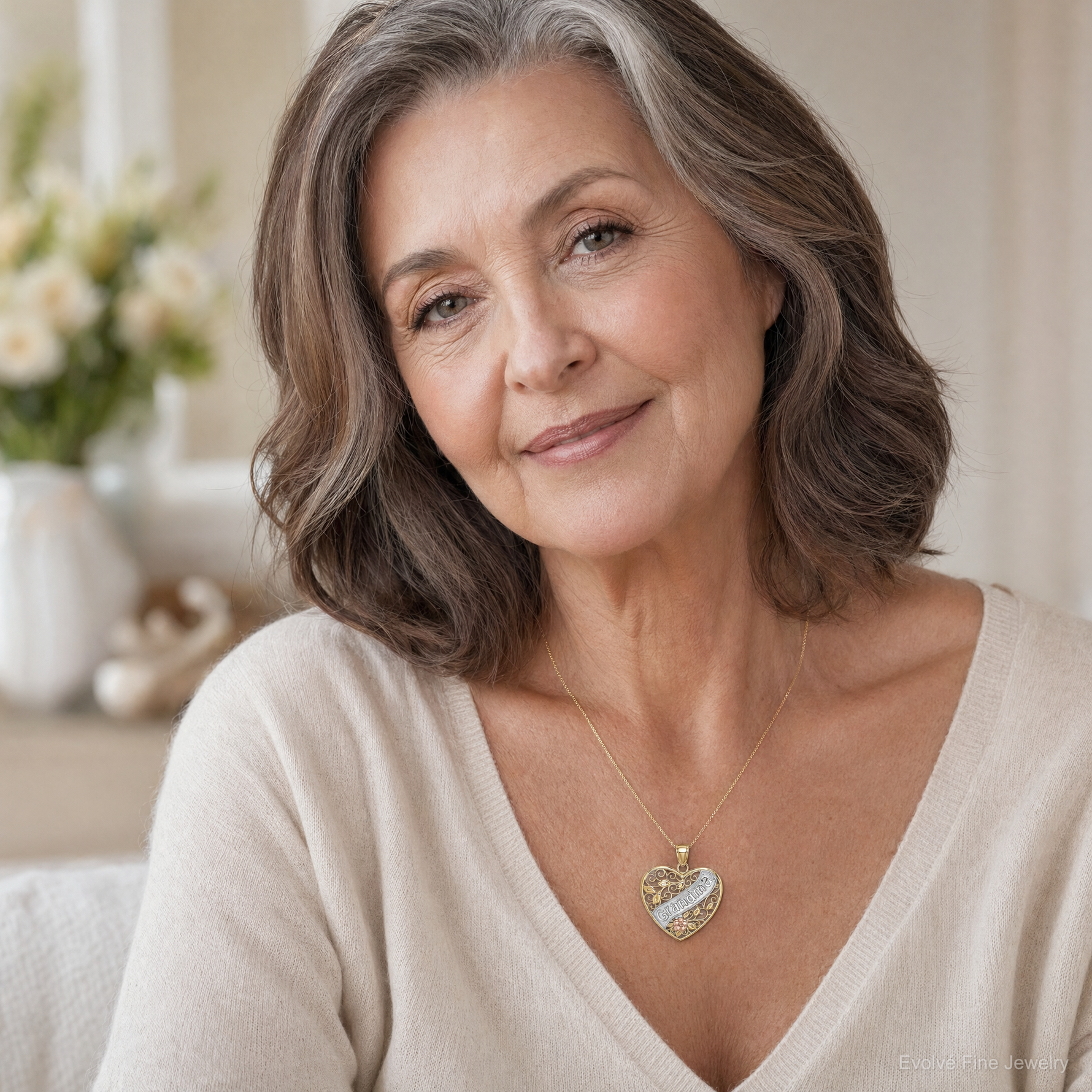 10K Two-tone w/White Rhodium GRANDMA Heart Charm - Model Shot
