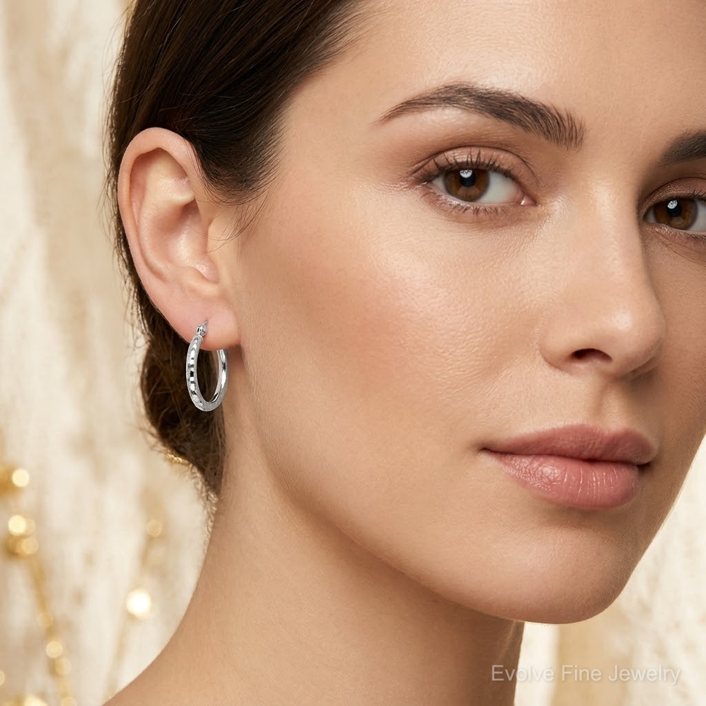 10k White Gold Diamond-cut 2mm Round Tube Hoop Earrings - Model Shot