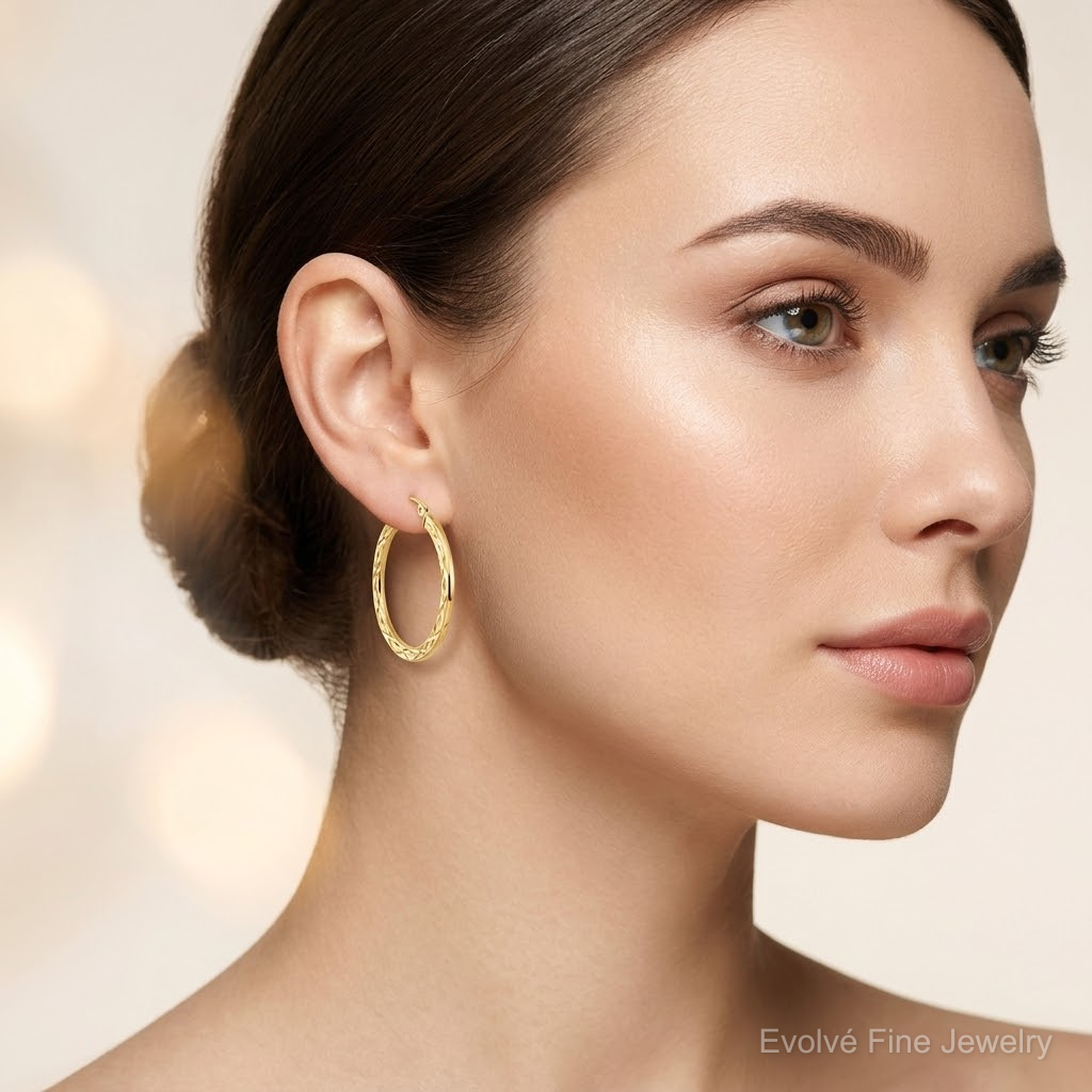 10K Diamond Cut Hollow Hoop Earrings - Model Shot