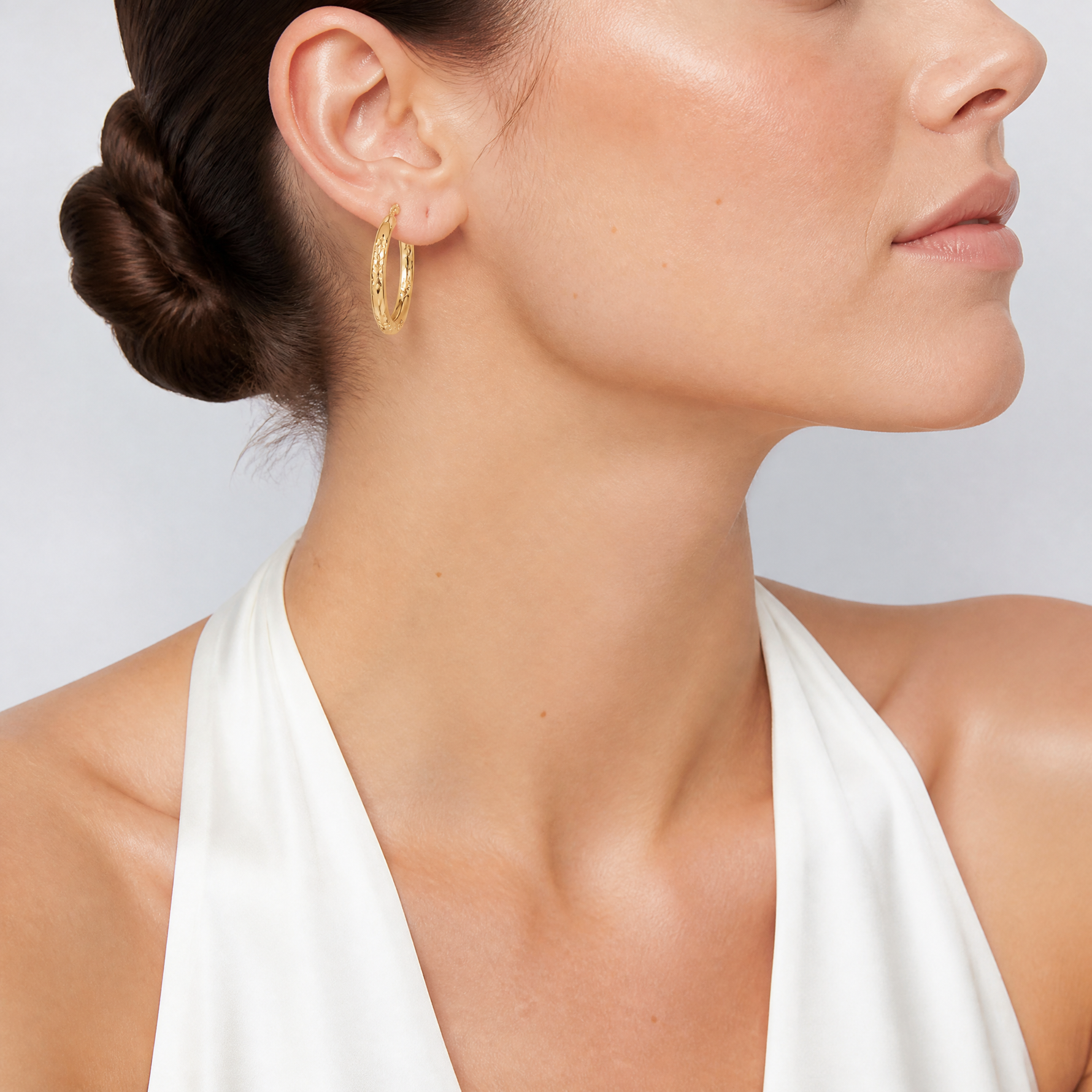 10K Diamond Cut 3x30mm Hollow Tube Hoop Earrings - Model Shot