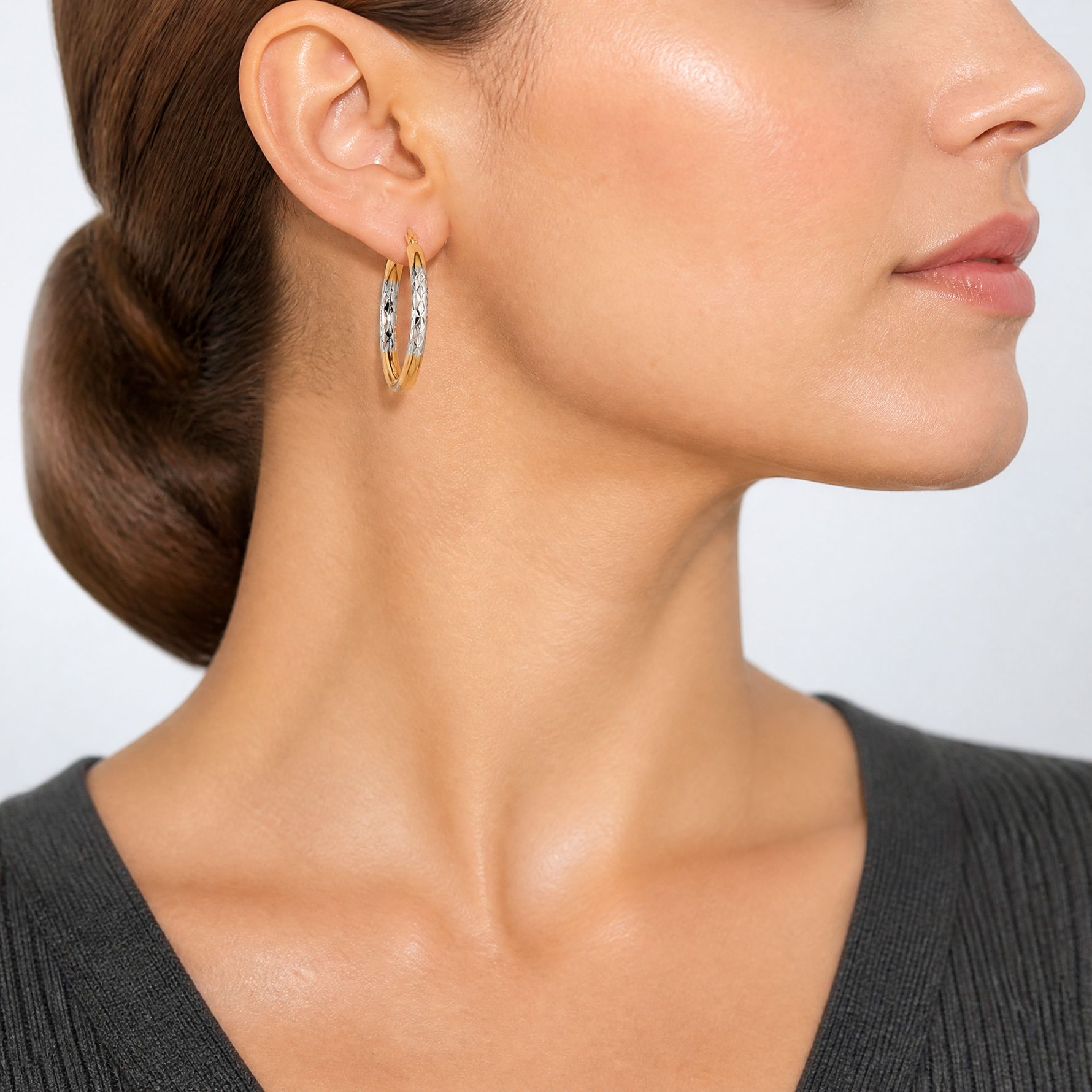10K & Rhodium Diamond Cut 3mm Hoop Earrings - Model Shot
