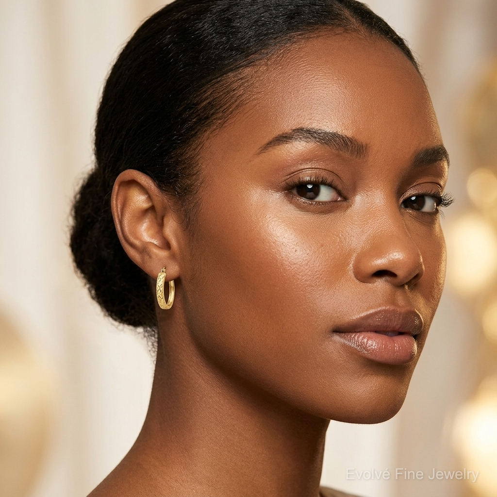 10K Diamond Cut Oval Hoop Earrings - Model Shot
