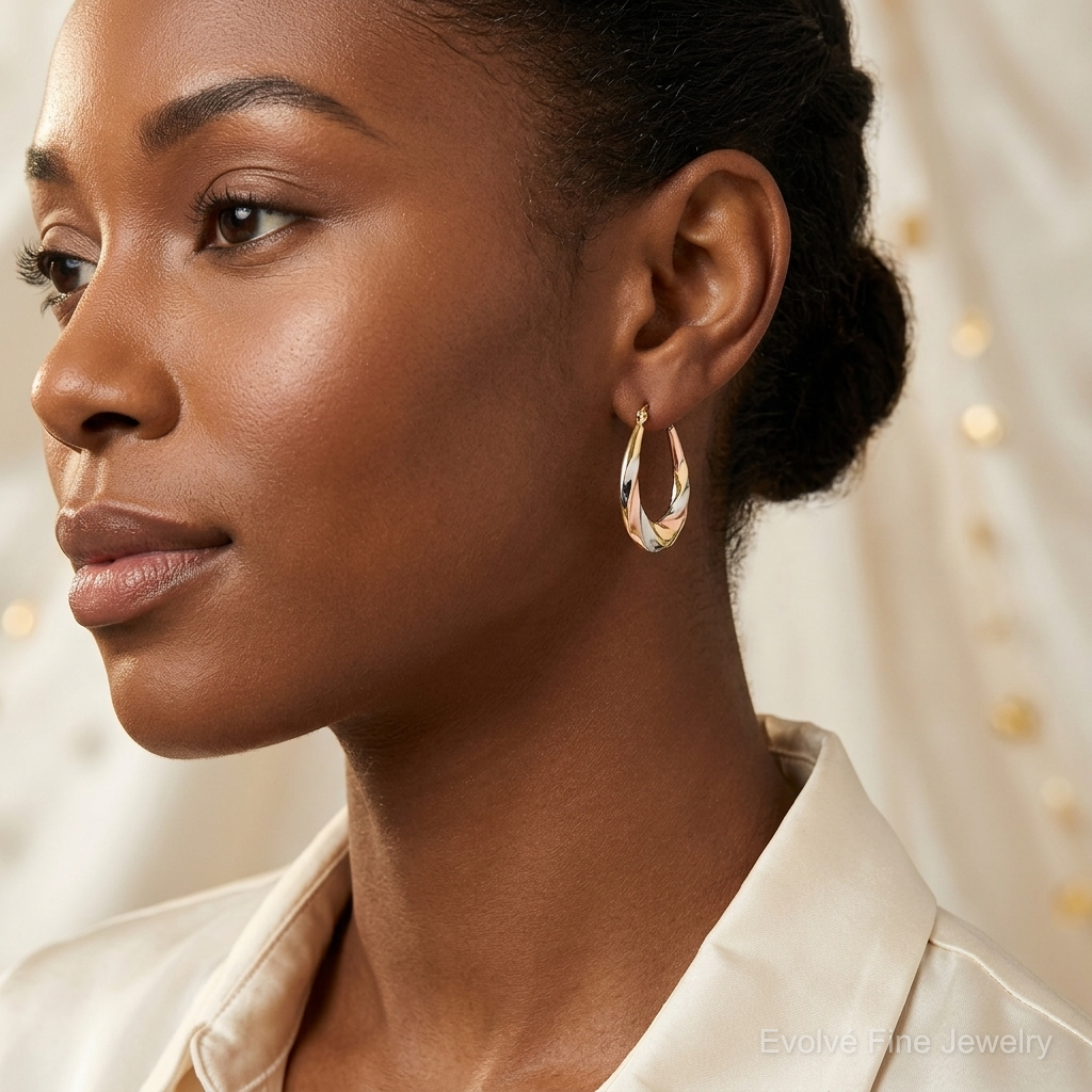 10K and Rhodium Oval Scalloped Hollow Hoop Earrings - Model Shot