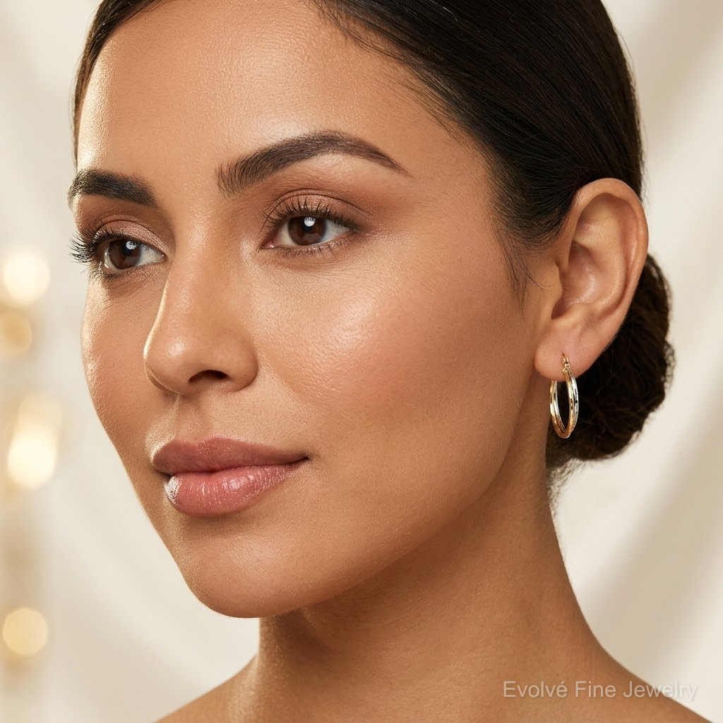 10k Two-tone Diamond Cut Twisted Hoop Earrings - Model Shot