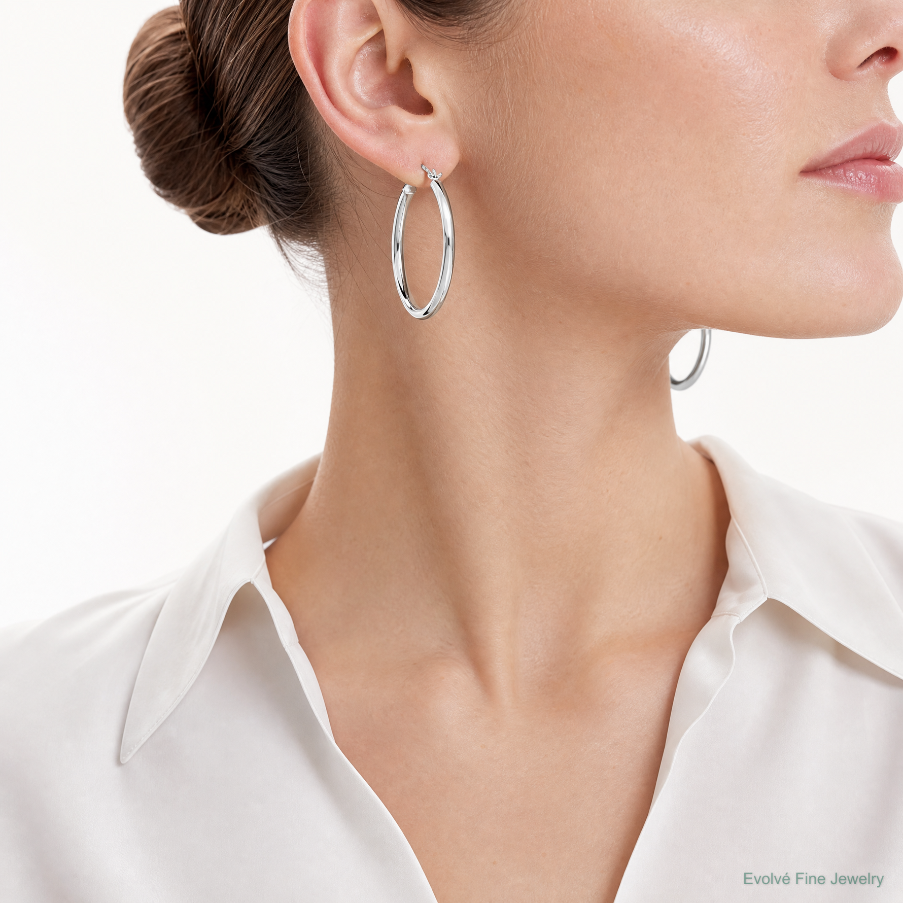 10k White Gold Polished Hoop Earring - Model Shot