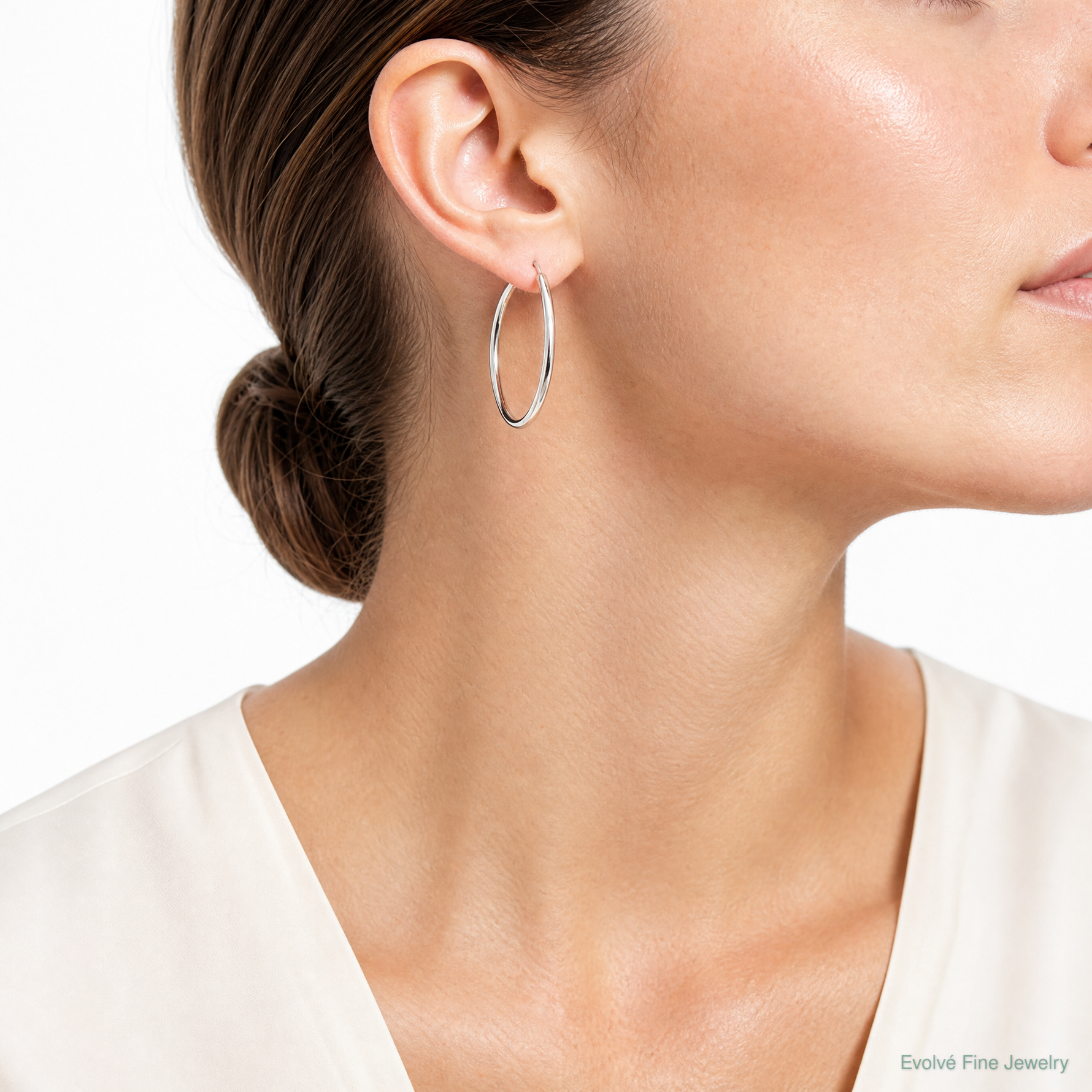 10k White Gold Polished Hoop Earring - Model Shot