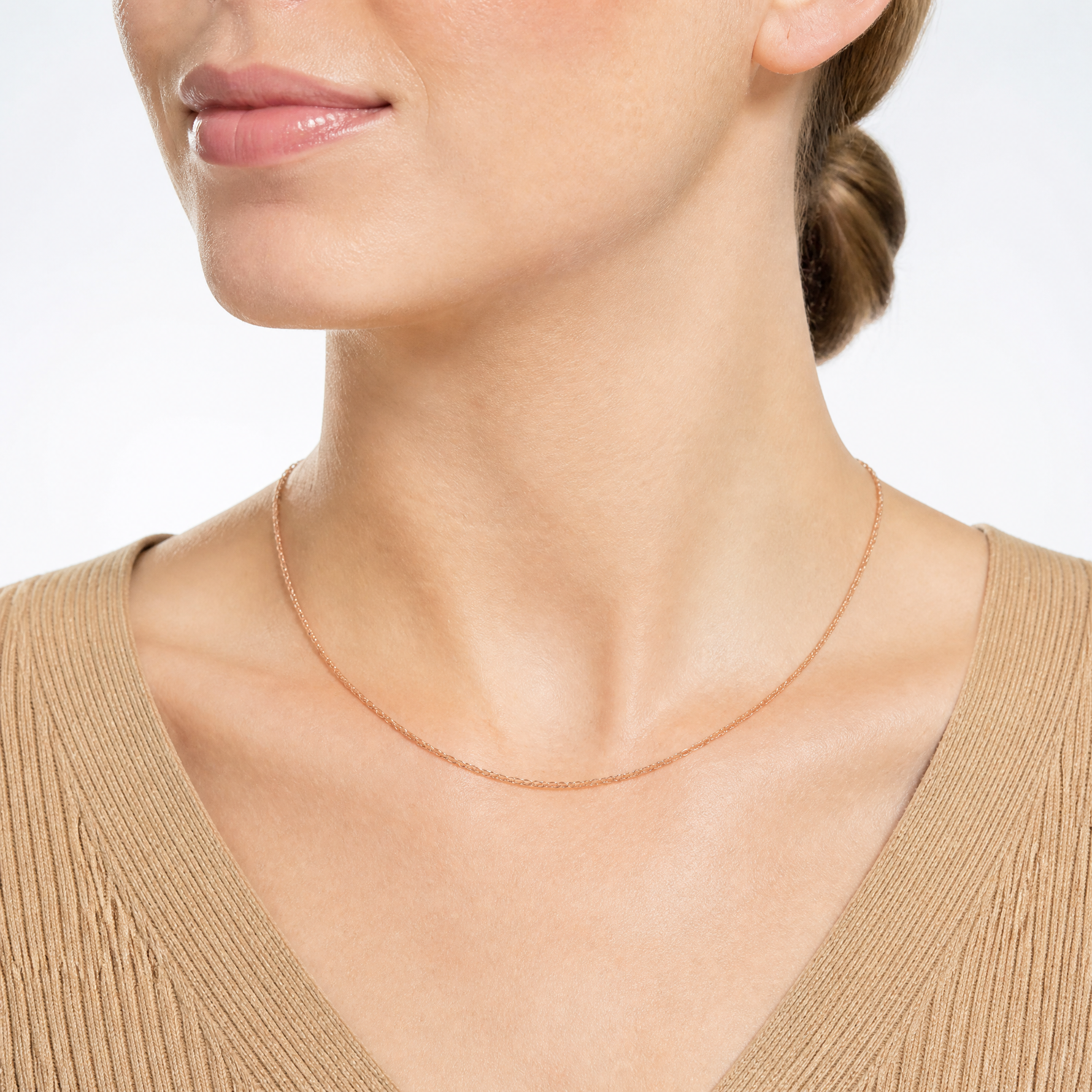 14k  Rose Gold .5 mm Carded Cable Rope Chain - Model Shot