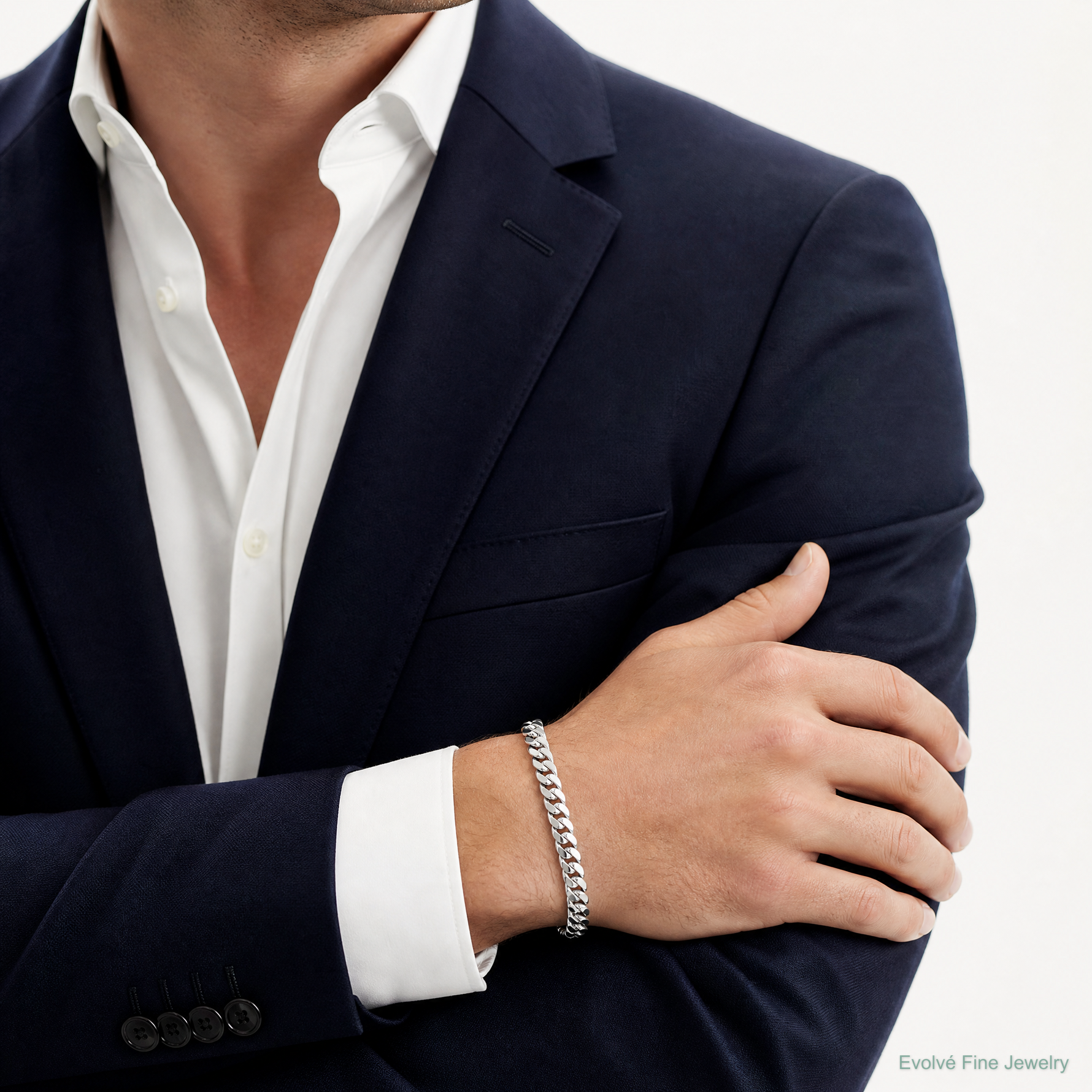 14k White Gold 7.3mm Semi-Solid Miami Cuban Chain - Model Shot