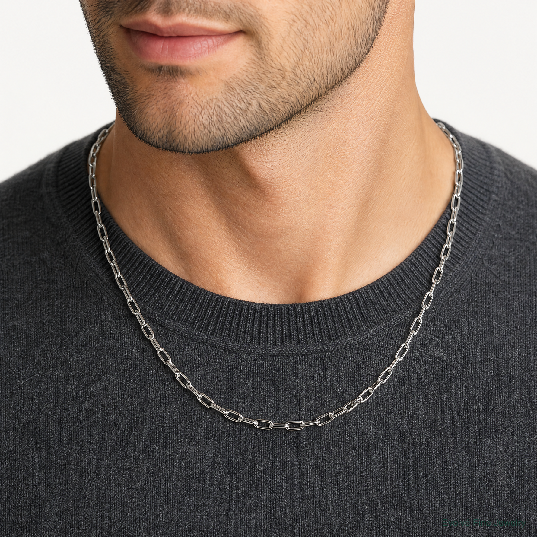 14k White Gold 3.7mm Semi-Solid Beveled Paperclip Chain - Model Shot