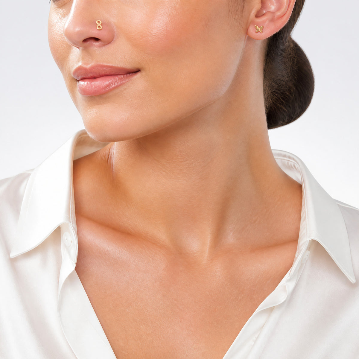 14K 22 Gauge Polished Infinity Symbol, Dragonfly and Butterfly Nose Stud - Model Shot