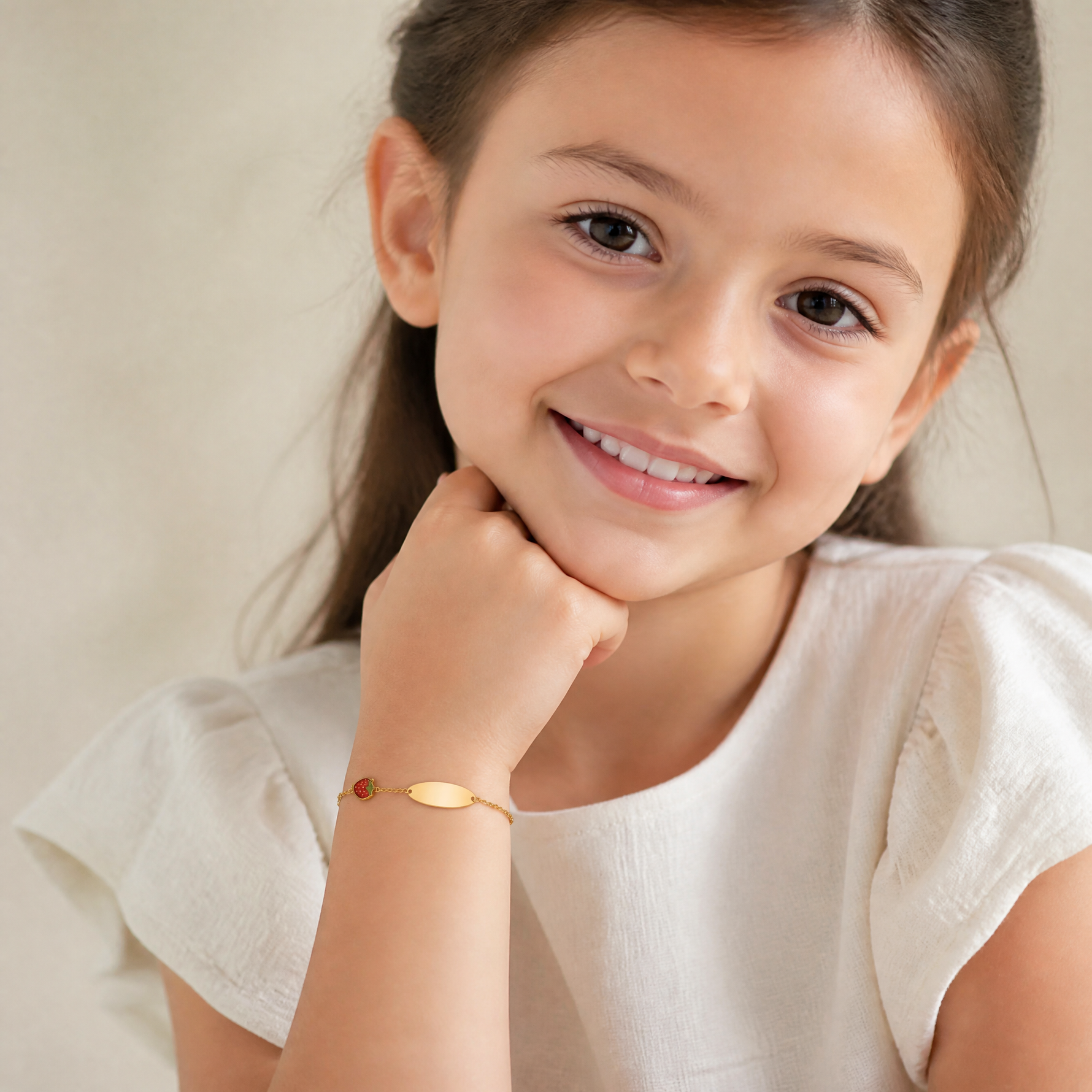 14k Enameled Strawberry Baby ID 5.5in w/.5 in Ext Bracelet - Model Shot