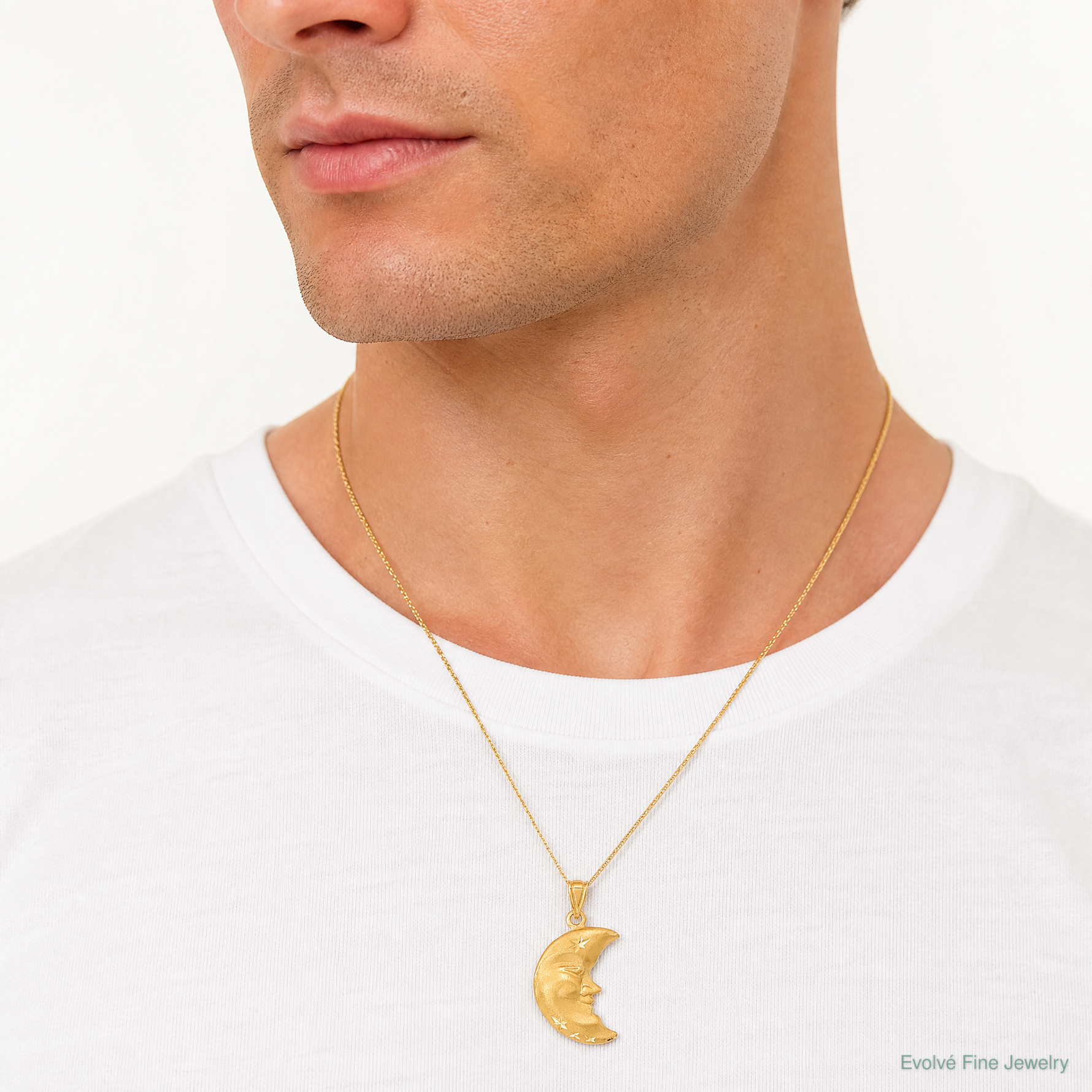 14k Satin Diamond-cut Moon Charm - Model Shot