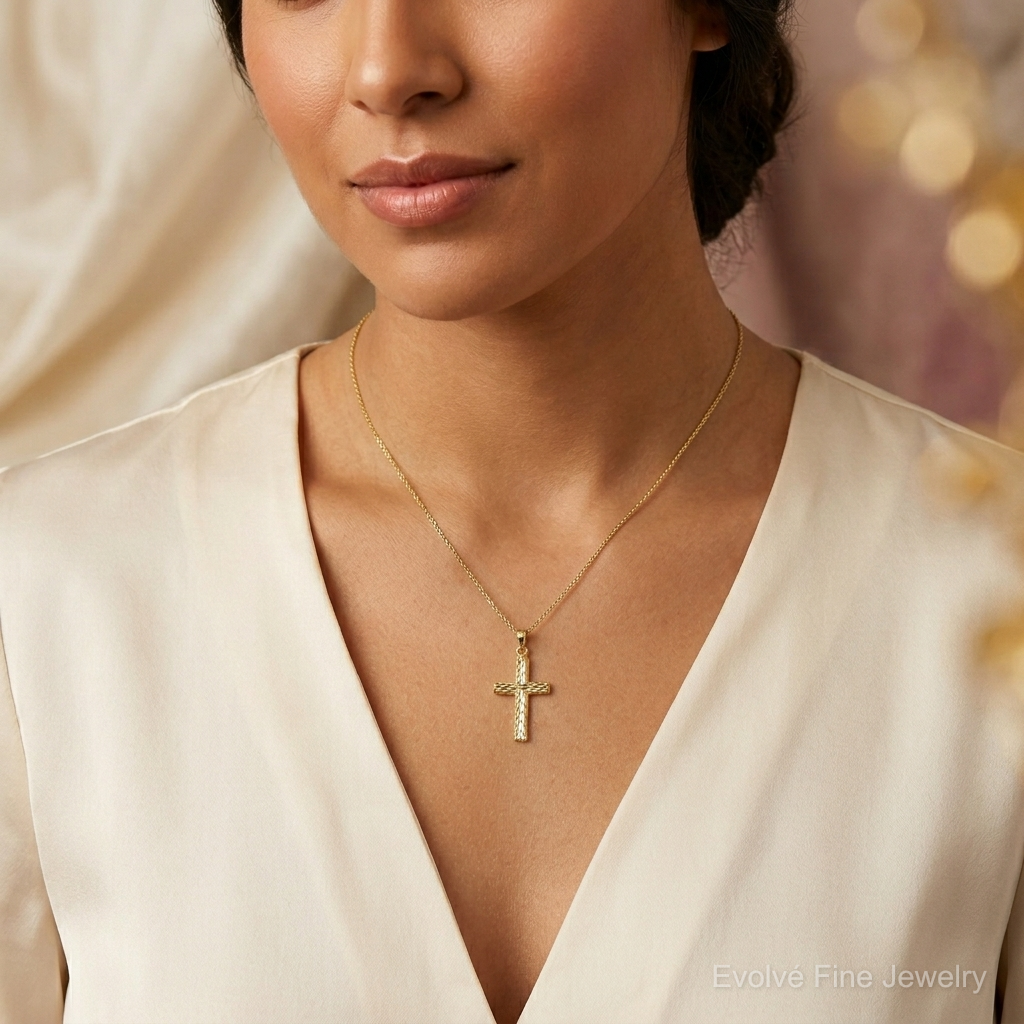 14k Diamond-cut Cross Charm - Model Shot