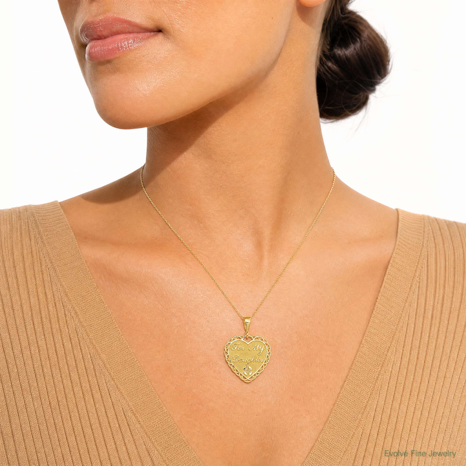 14k Reversible FOR MY DAUGHTER Heart Charm - Model Shot