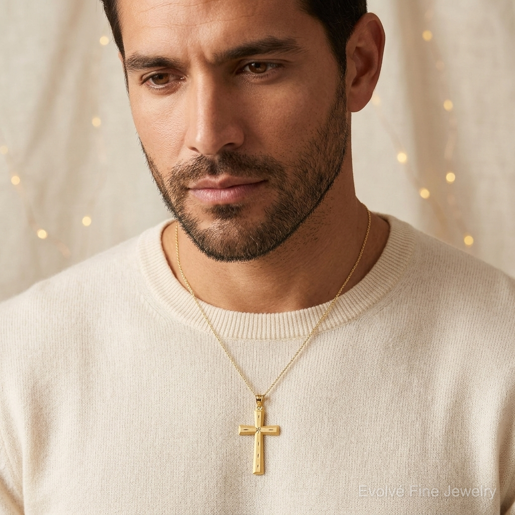 14K Satin and Diamond -Cut Cross Pendant - Model Shot