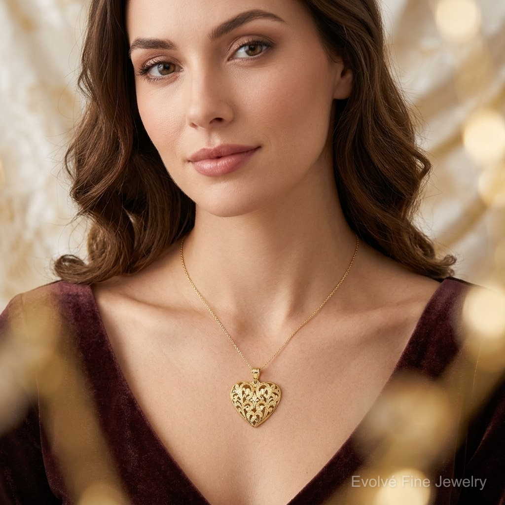 14K Polished Diamond-cut Filigree 3-D Heart Pendant - Model Shot