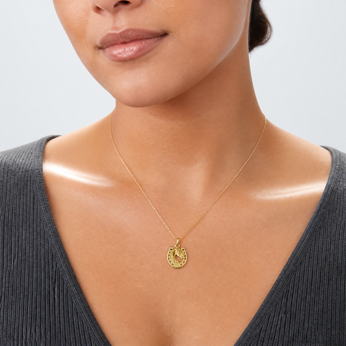 14k Solid Polished Horse Head in Horseshoe Pendant - Model Shot