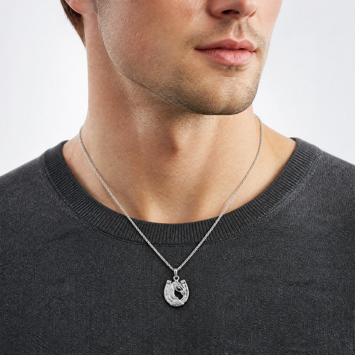 14k White Gold Solid Polished Horse Head in Horseshoe Pendant - Model Shot