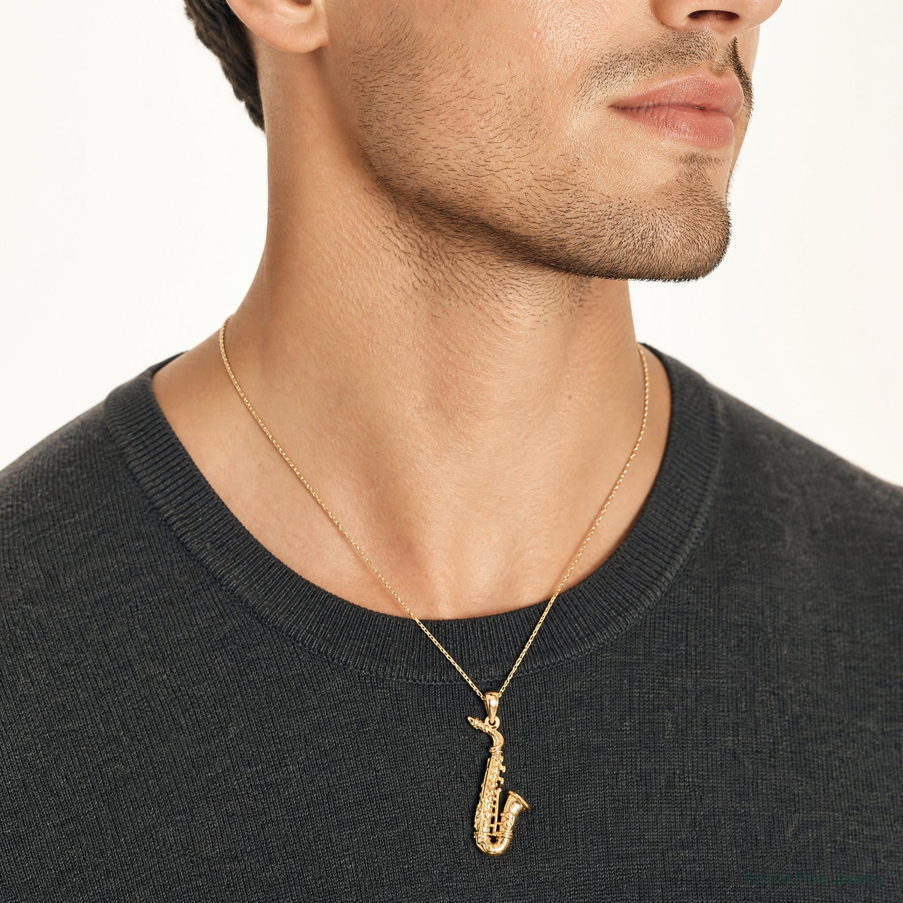 14k Solid Polished 3-D Saxophone Pendant - Model Shot