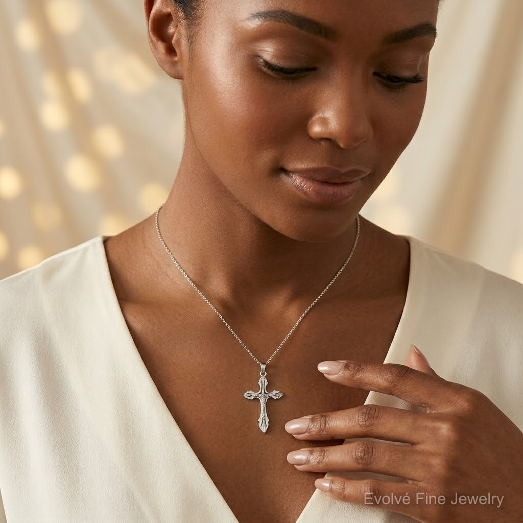 14k White Gold Crucifix Pendant - Model Shot