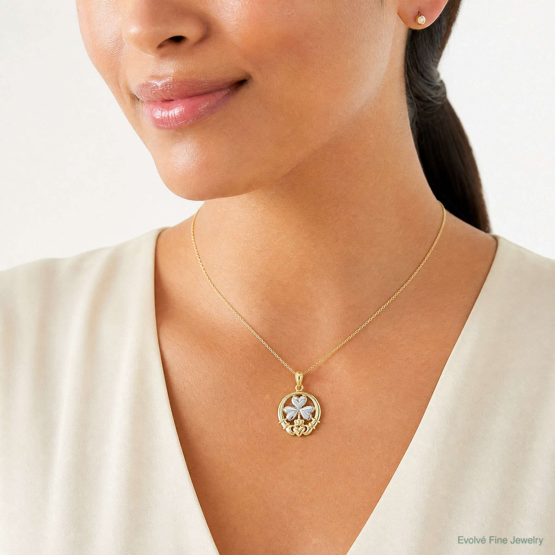 14k Rhodium-plated Shamrock and Claddagh Pendant - Model Shot