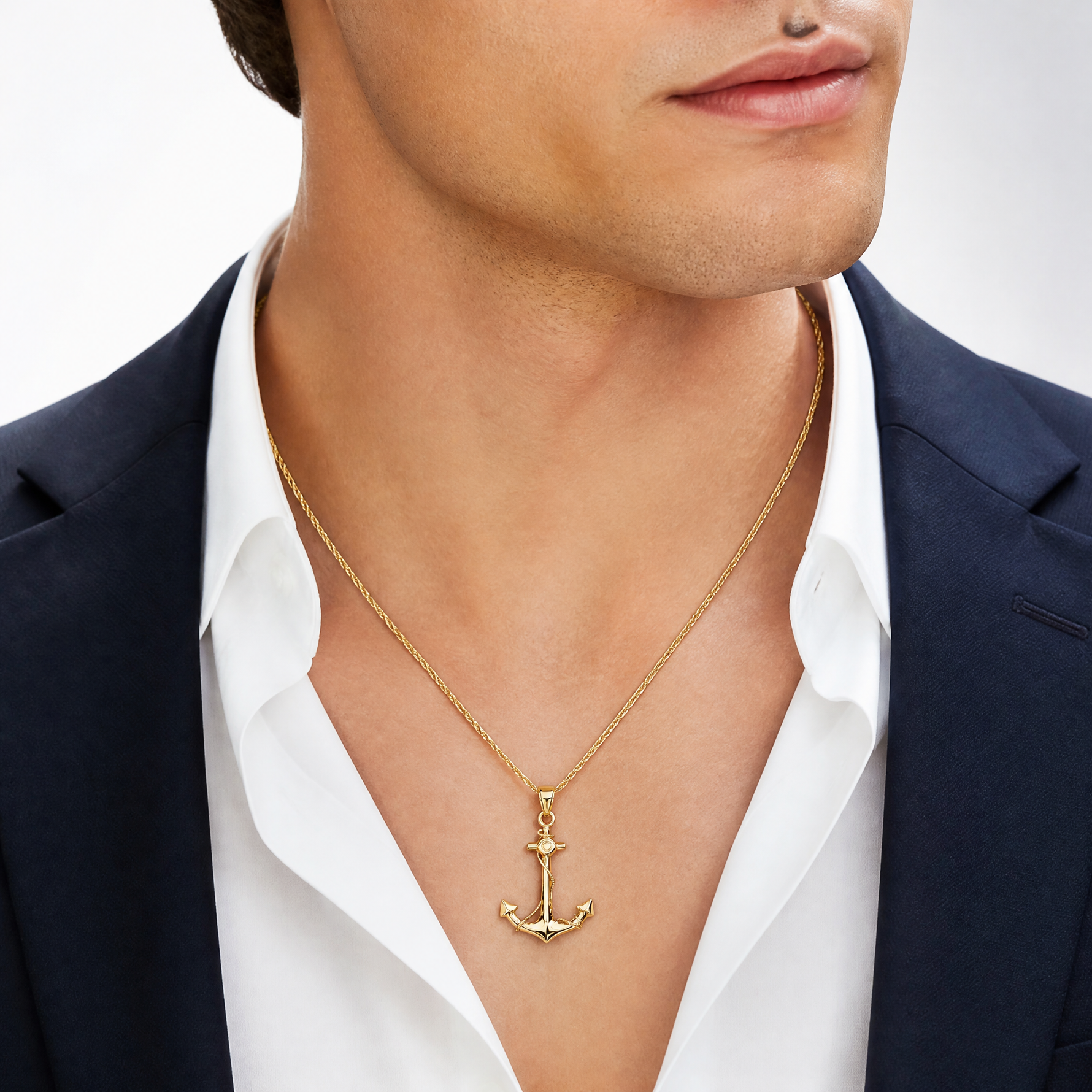 14k 3-D Anchor with Rope Pendant - Model Shot