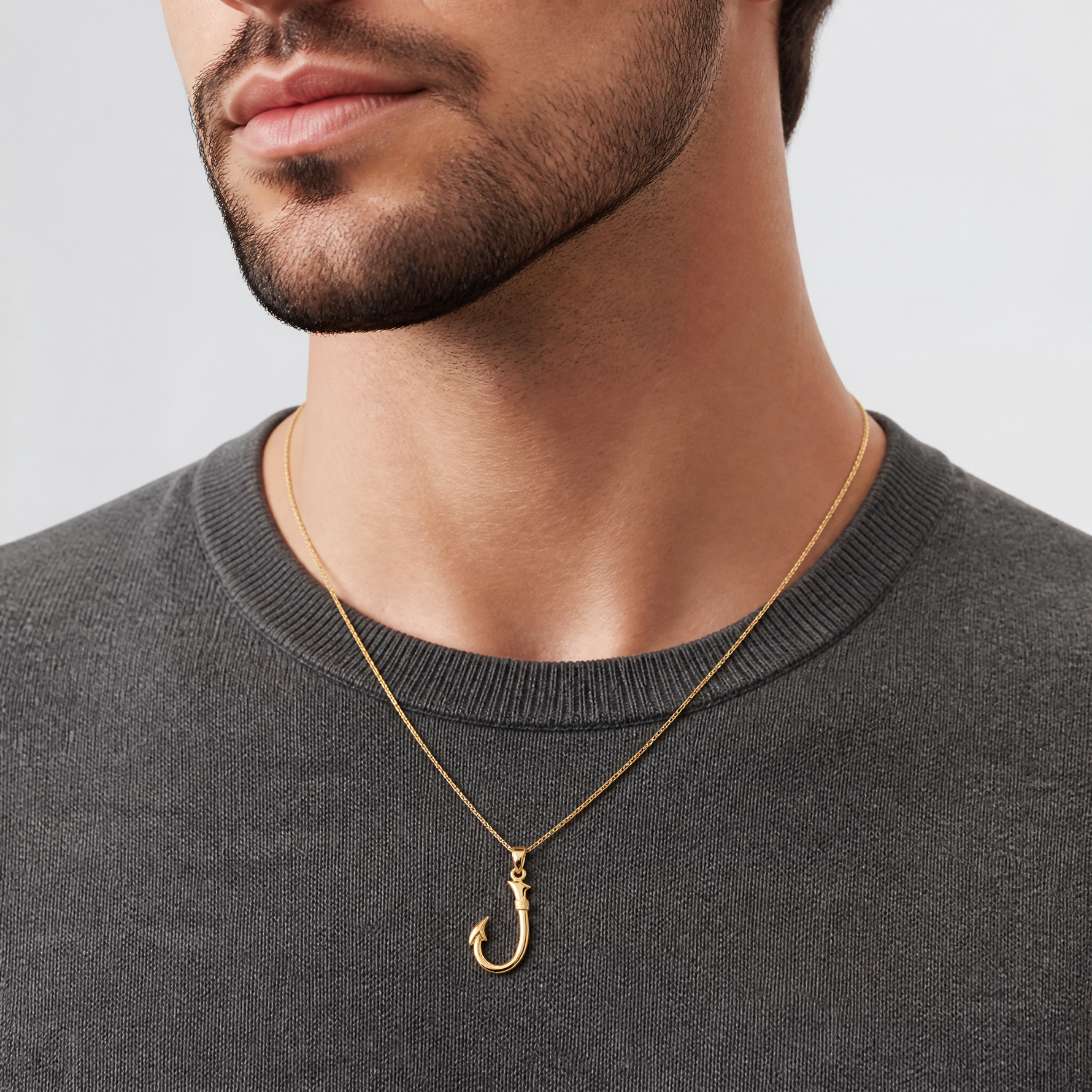 14k 3-D Fishing Hook Pendant - Model Shot