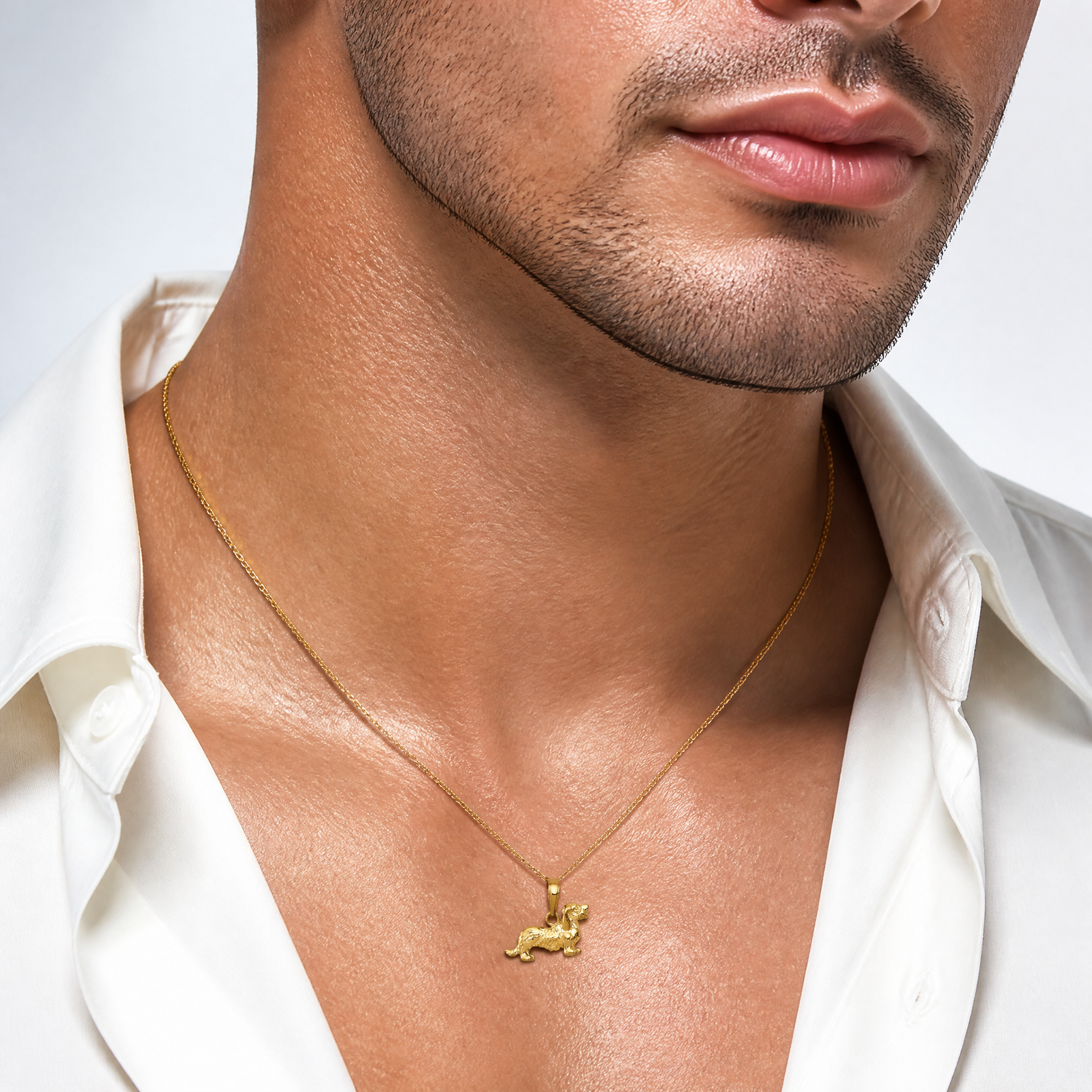 14k Long-Haired Dachshund Dog Pendant - Model Shot