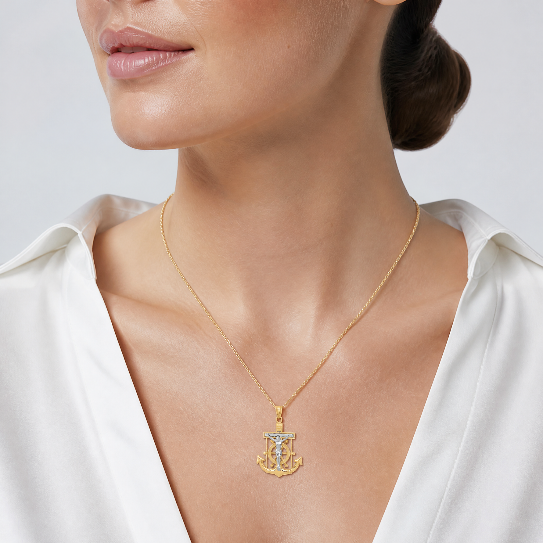 14k Two-tone Diamond-cut Mariner's Crucifix Pendant - Model Shot