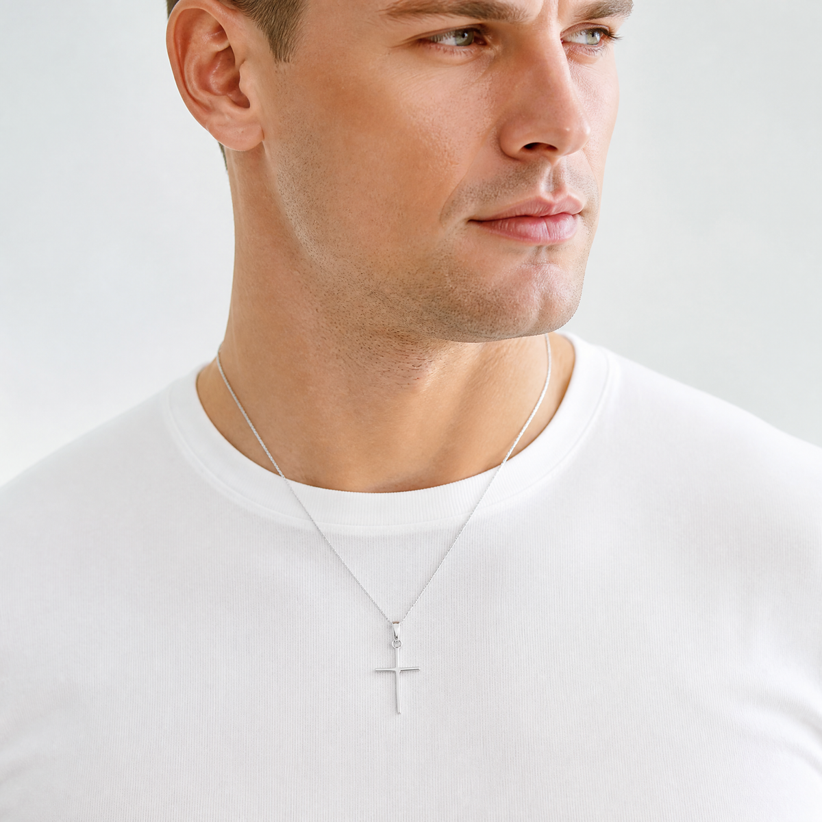 14k White Gold Polished Cross Pendant - Model Shot