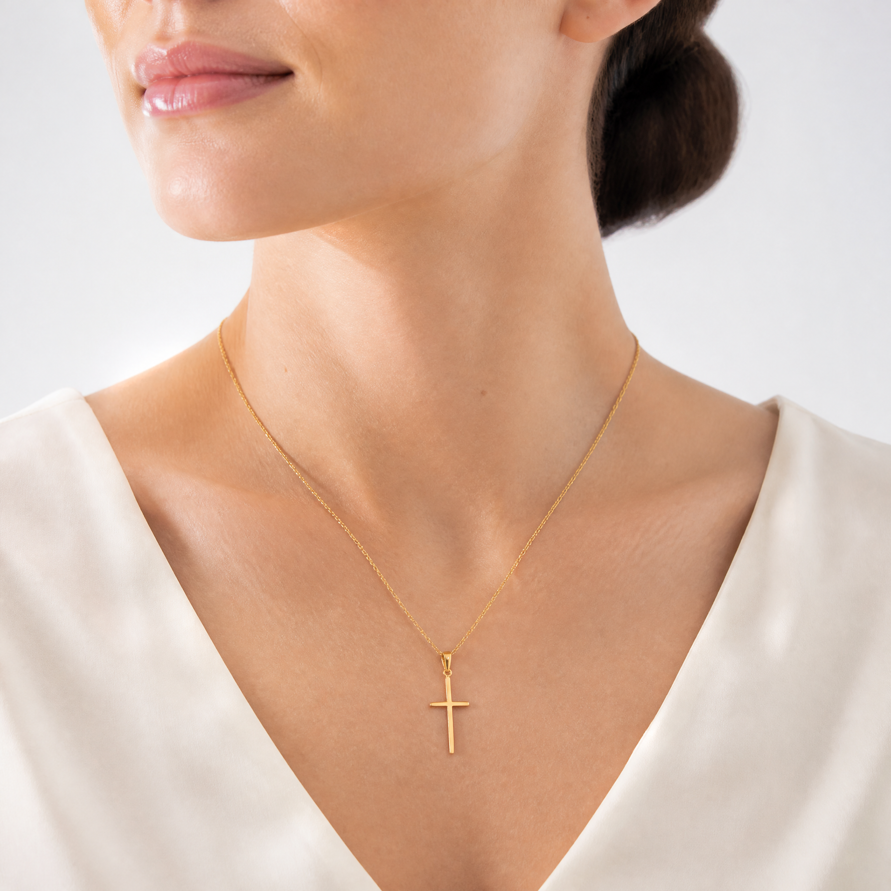 14k Polished Cross Pendant - Model Shot