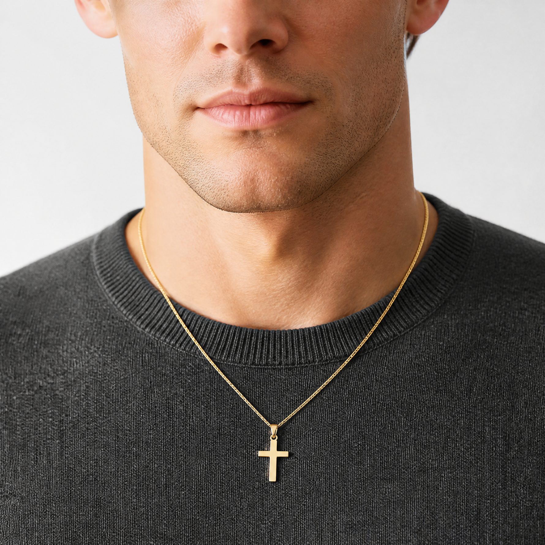 14k Beveled Cross Charm - Model Shot