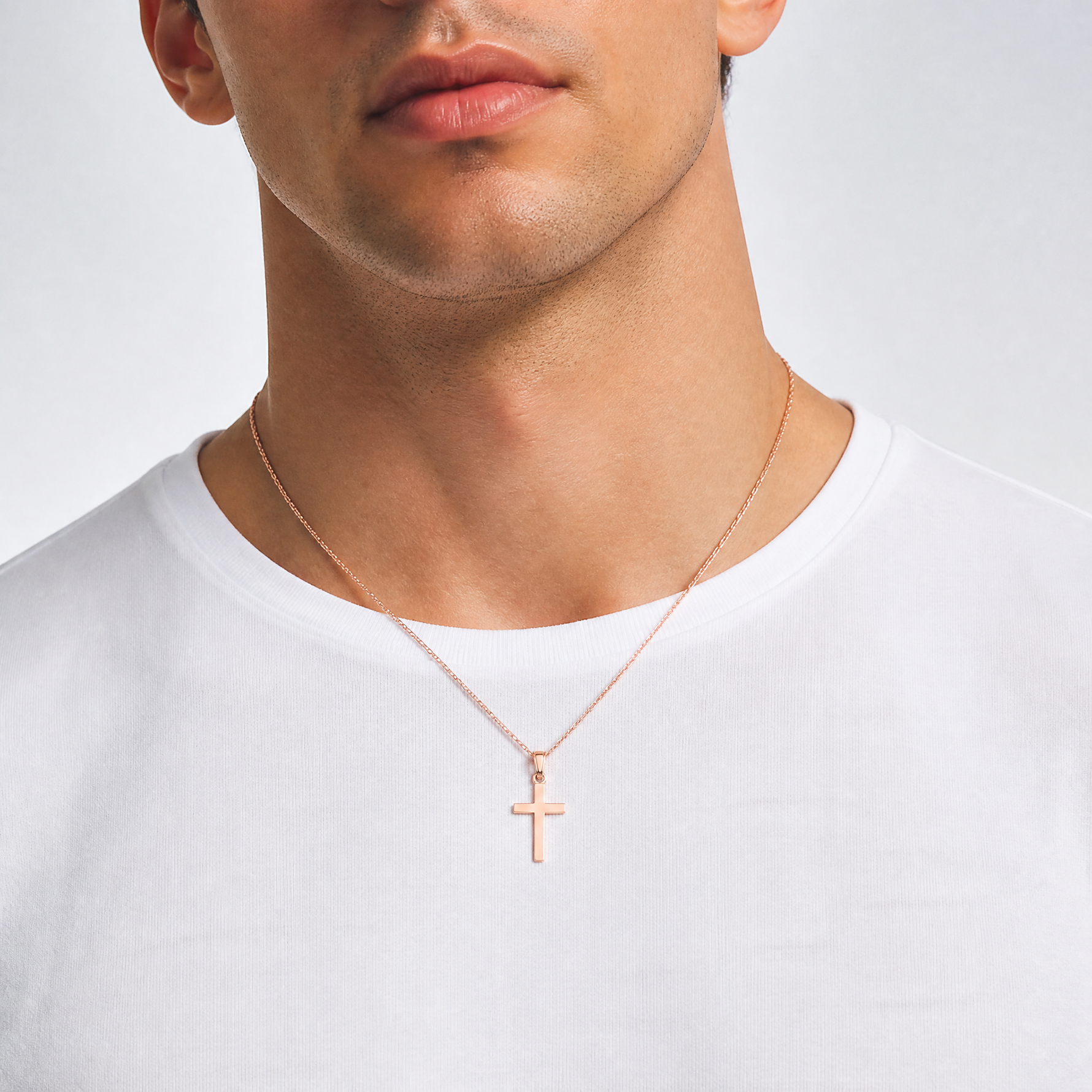 14k Rose Gold Beveled Cross Charm - Model Shot