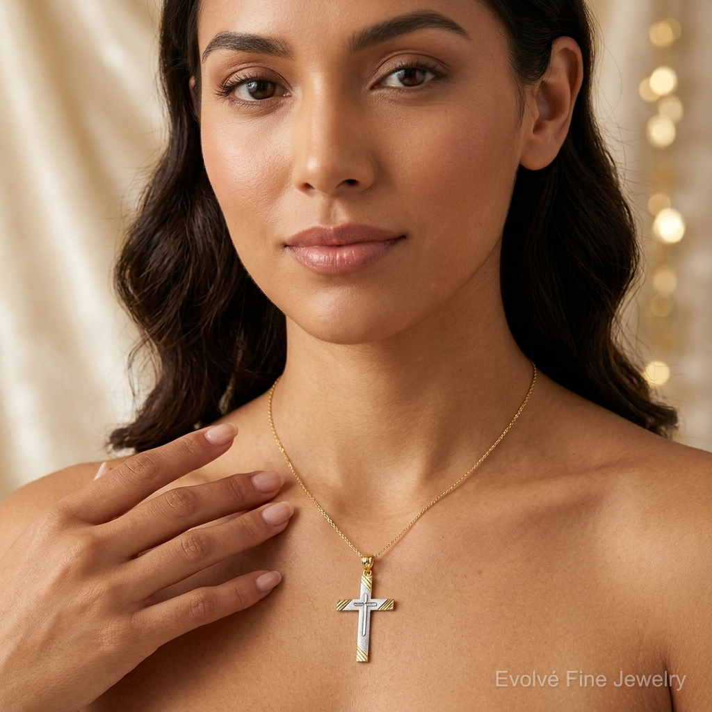 14k Two-Tone Diamond-cut Cross Pendant - Model Shot