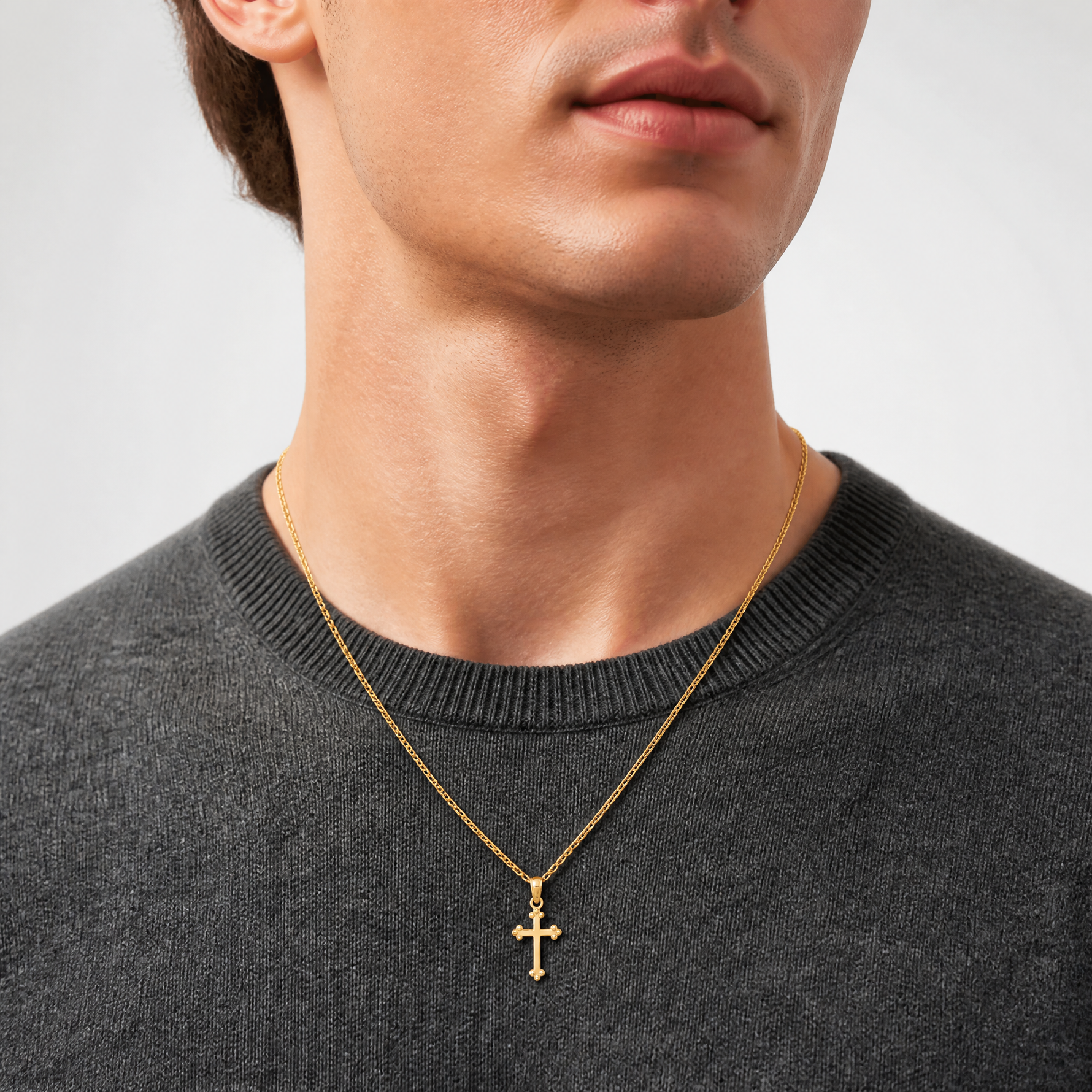14k Budded Cross Charm - Model Shot