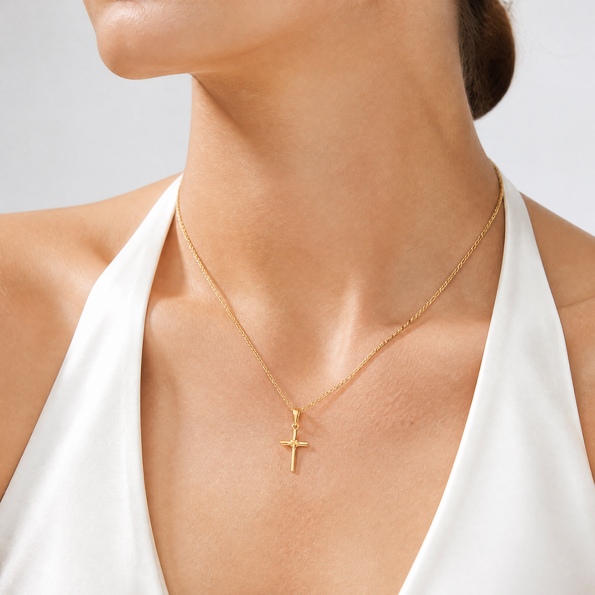 14k Polished Cross Charm - Model Shot